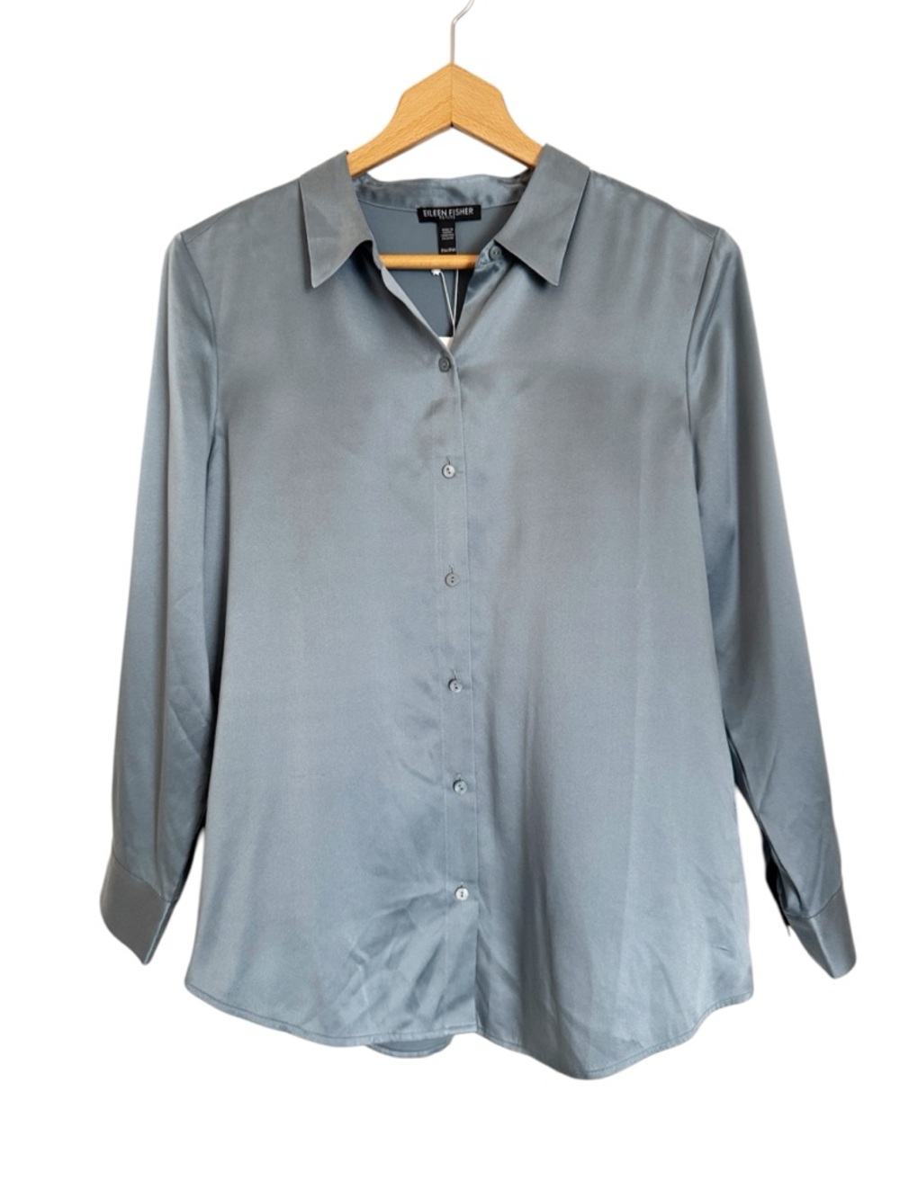 Eileen Fisher Sanwashed Silk Charmeuse Blue Steel Classic Collar Shirt size PM